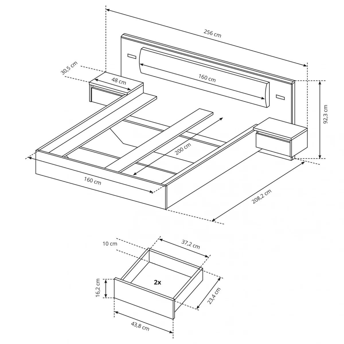 Rysunek techniczny łóżka 160x200 z szafkami nocnymi i wymiarami Rysunek techniczny łóżka 160x200 z szafkami nocnymi i wymiarami