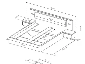 Miniaturka 1 - Rysunek techniczny łóżka 160x200 z szafkami nocnymi i wymiarami