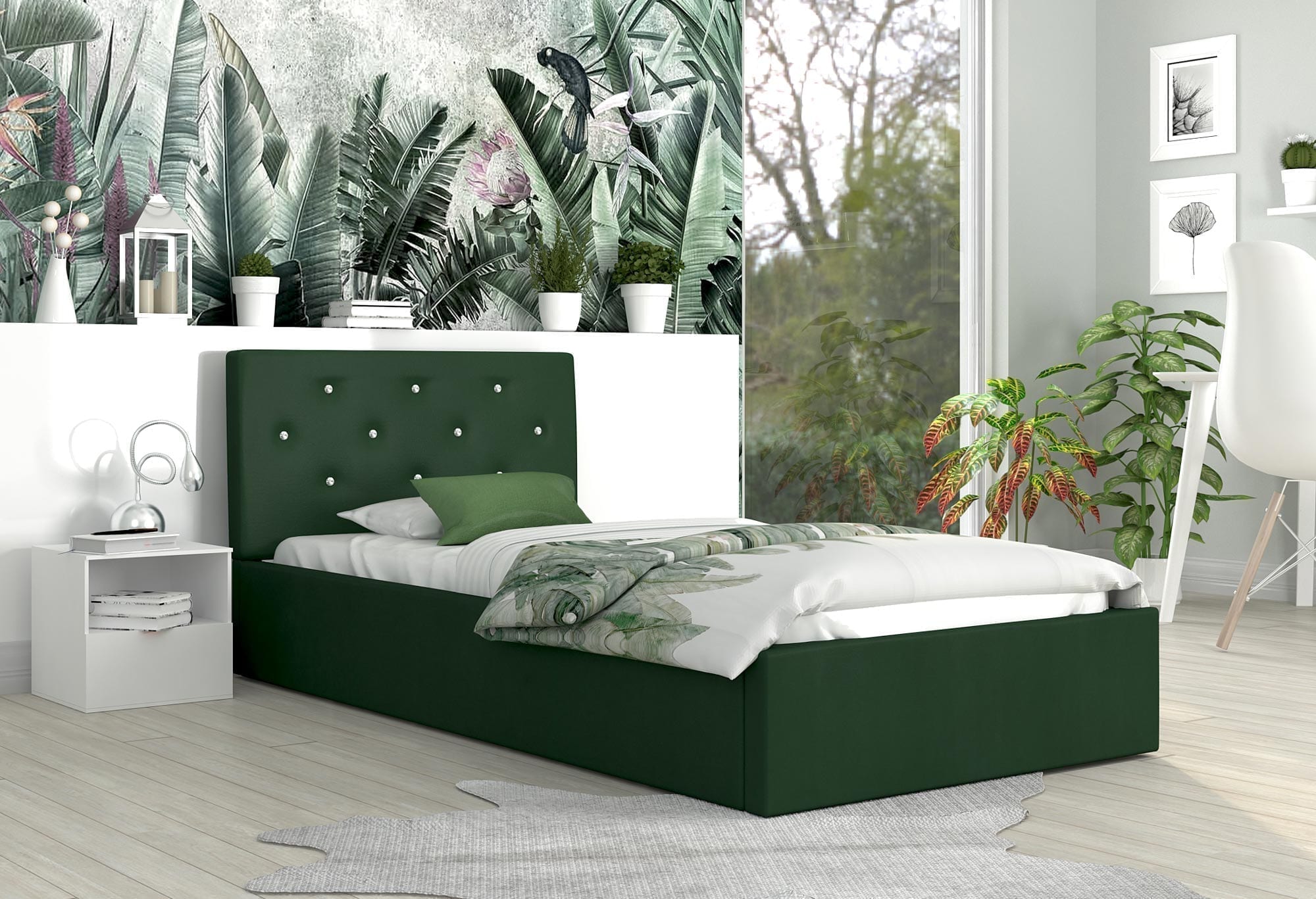 Łóżko tapicerowane butelkowa zieleń FRESCO aranżacja