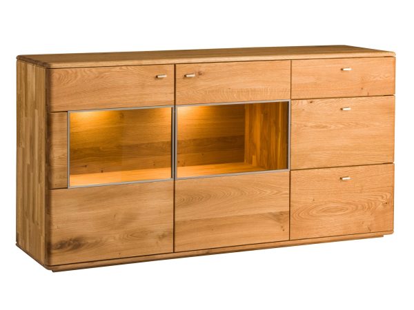 Komoda drewniana szafki przeszklenia oświetlenie LED szuflady MASERI