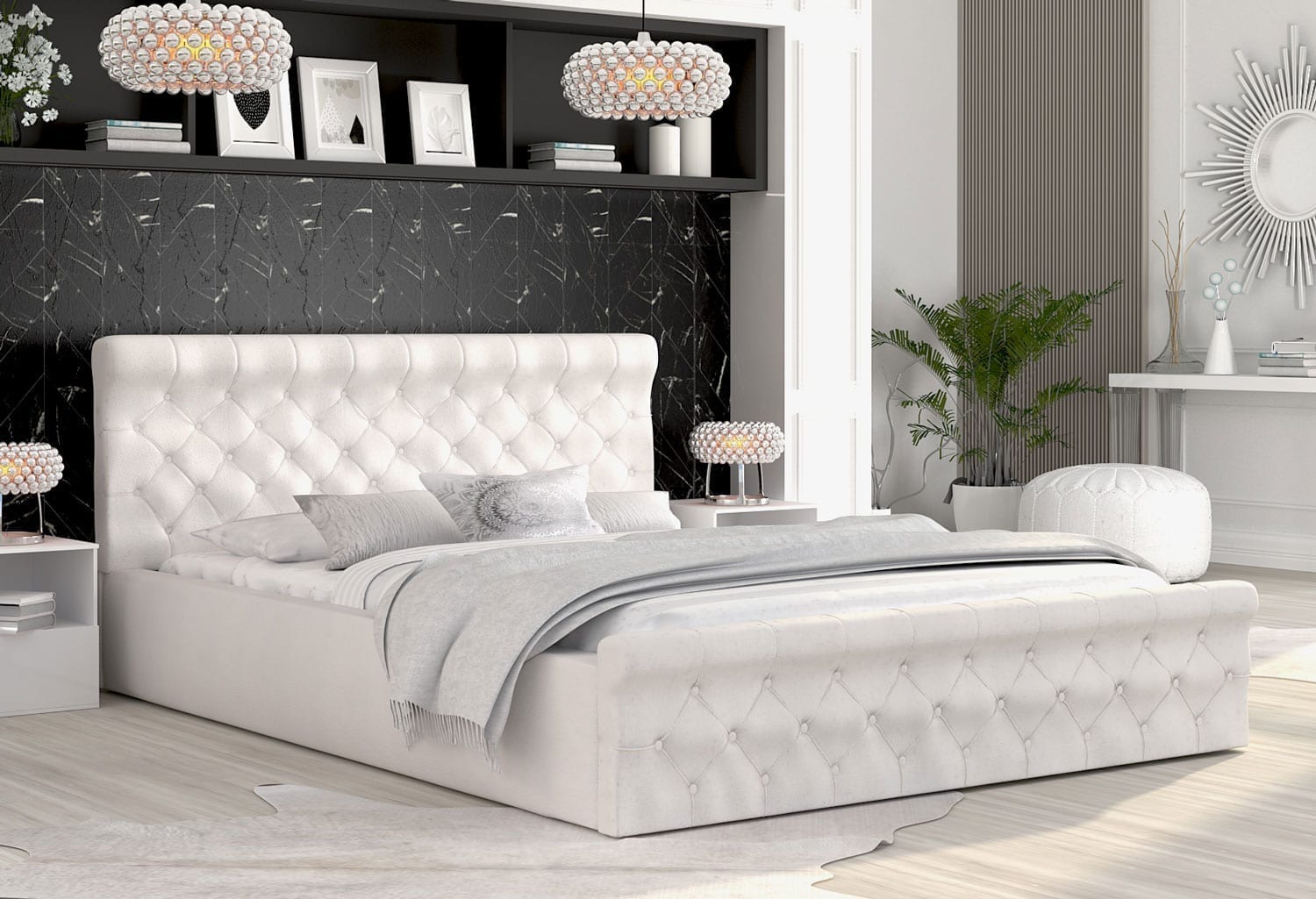 Łóżko tapicerowane białe aranżacja JULIET
