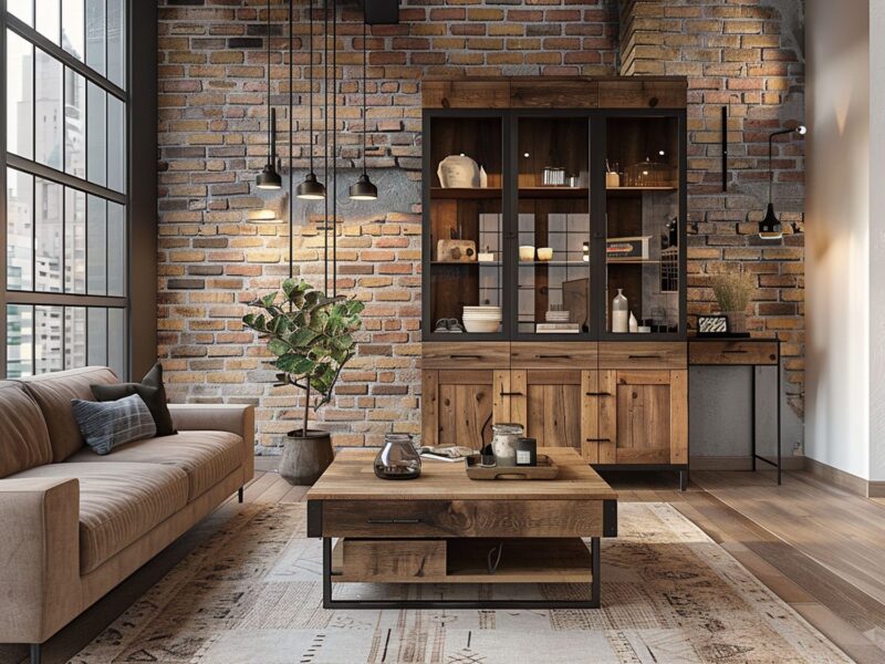 Salon loftowy z drewnianym stolikiem kawowym i ceglaną ścianą, stylowy salon loftowy.