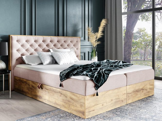 Pikowane łóżko drewniane pudrowy róż BRAGA 3