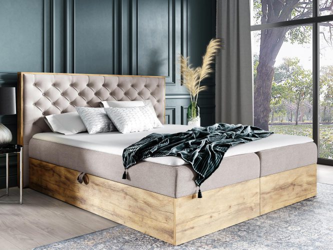 Pikowane łóżko drewniane beżowe BRAGA 3
