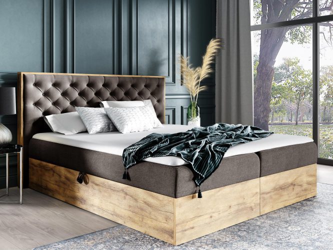 Pikowane łóżko drewniane brązowe BRAGA 3