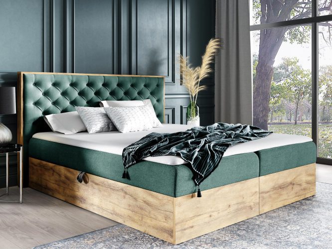 Pikowane łóżko drewniane butelkowa zieleń BRAGA 3