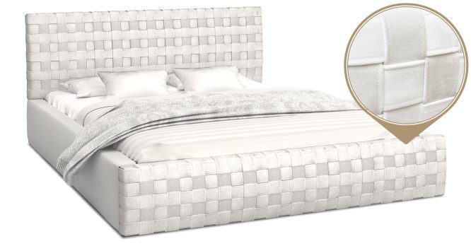 Łóżko z plecionym wezgłowiem białe tło białe CINDY