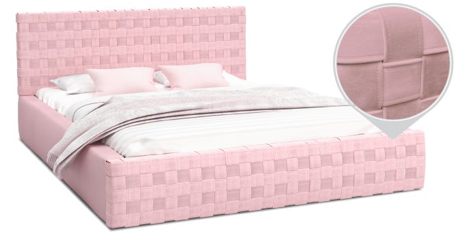 Łóżko z plecionym wezgłowiem białe tło różowe CINDY