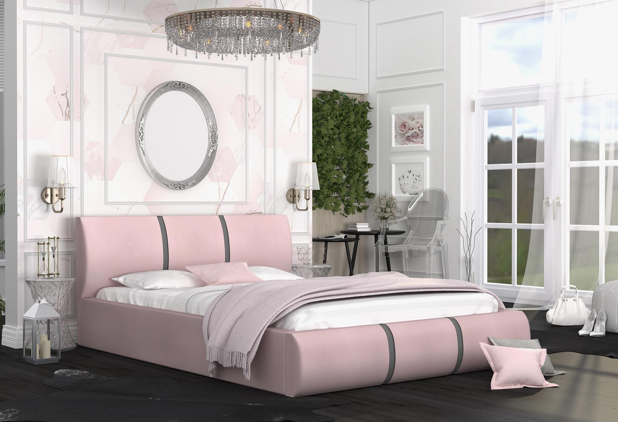 Łóżko tapicerowane różowo-szary aranżacja EMILY