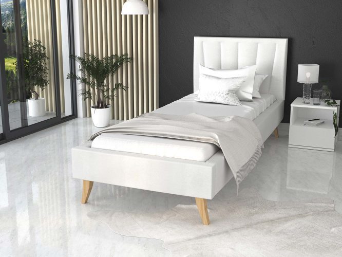Łóżko na drewnianych nóżkach 90x200 białe BONNIE