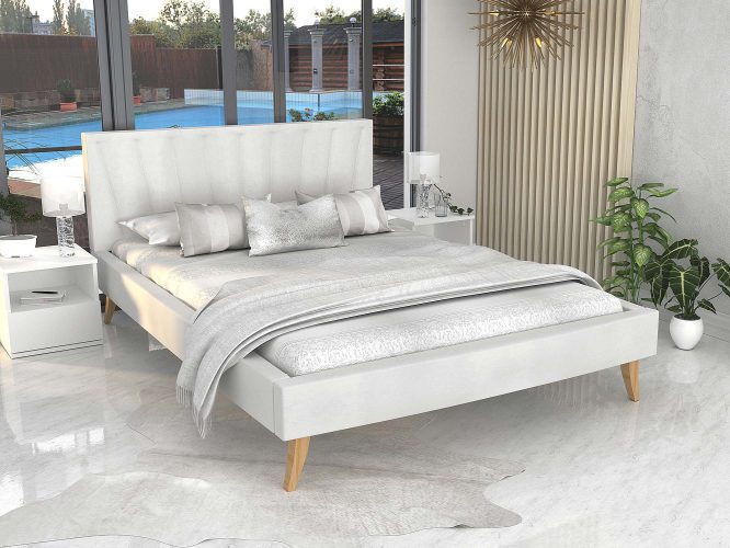 Łóżko na drewnianych nóżkach białe aranżacja BONNIE