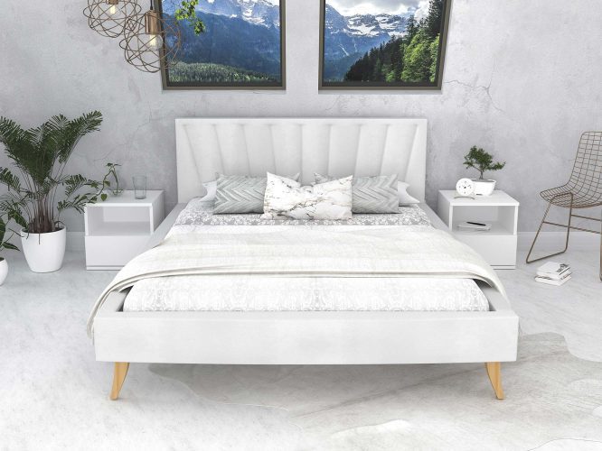 Łóżko na drewnianych nóżkach białe przód BONNIE