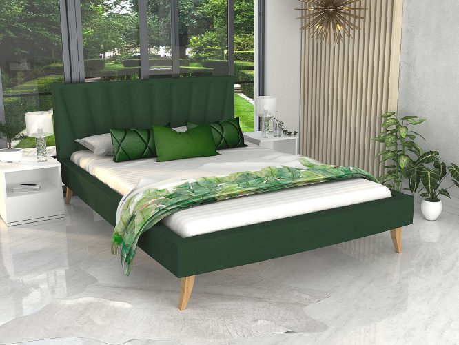 Łóżko na drewnianych nóżkach butelkowa zieleń BONNIE