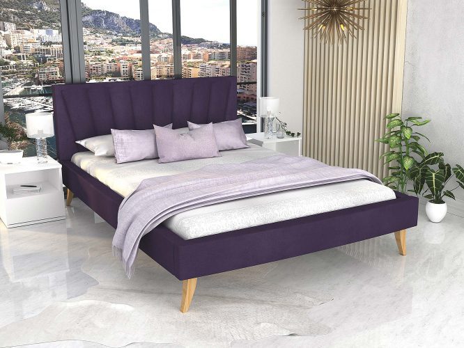 Łóżko na drewnianych nóżkach fioletowe aranżacja BONNIE