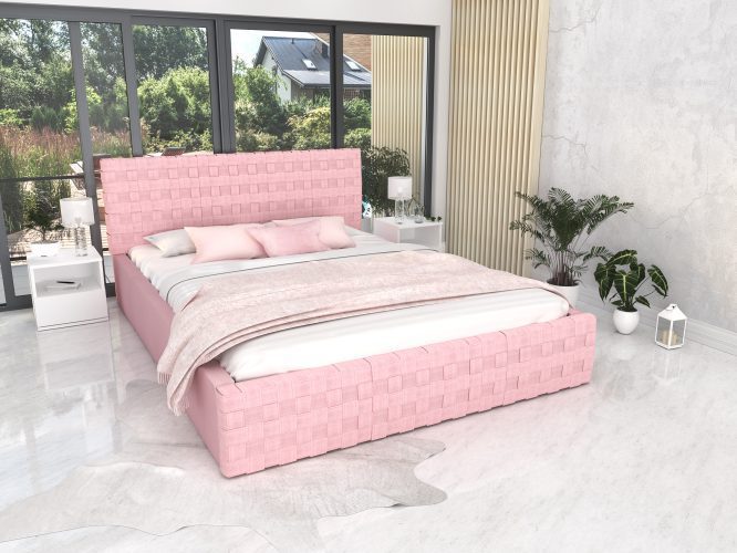 Łóżko z plecionym wezgłowiem różowe aranżacja CINDY