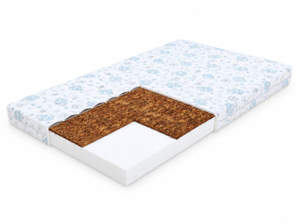 Piankowy materac dla dzieci LILE z pokrowcem w przekroju, widoczne warstwy wnętrza, na białym tle
