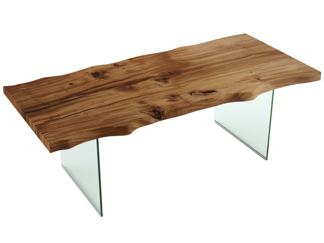 Duży drewniany stół do jadalni na szklanych nogach FOXY
