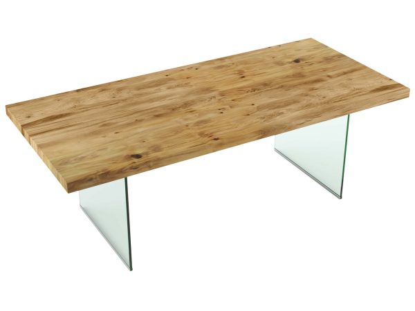 Duży drewniany stół do jadalni na szklanych nogach FOXY