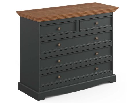 Komoda w kolorze grafitowym z klasycznymi frontami i blatem dębowym