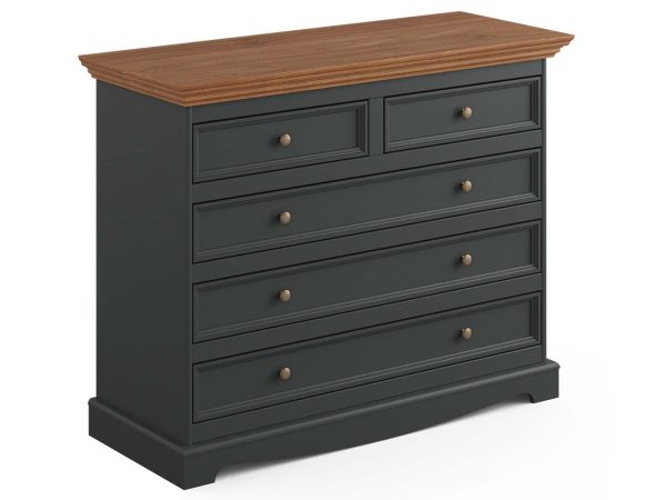 Komoda w kolorze grafitowym z klasycznymi frontami i blatem dębowym