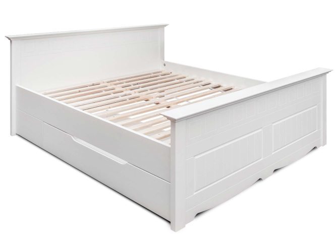 Białe łóżko z pojemnikiem białe tło INGRID