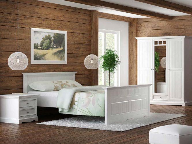 Białe drewniane łóżko dwuosobowe aranżacja INGRID