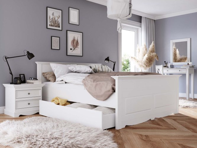 Białe łóżko z pojemnikiem aranżacja INGRID