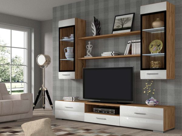 Elegancka meblościanka wysoki połysk wotan biały EDIRNE