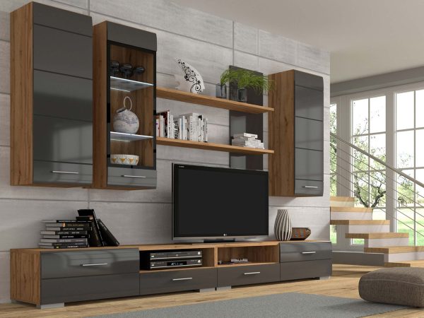 Funkcjonalna meblościanka do salonu grafit wotan połysk ARYA