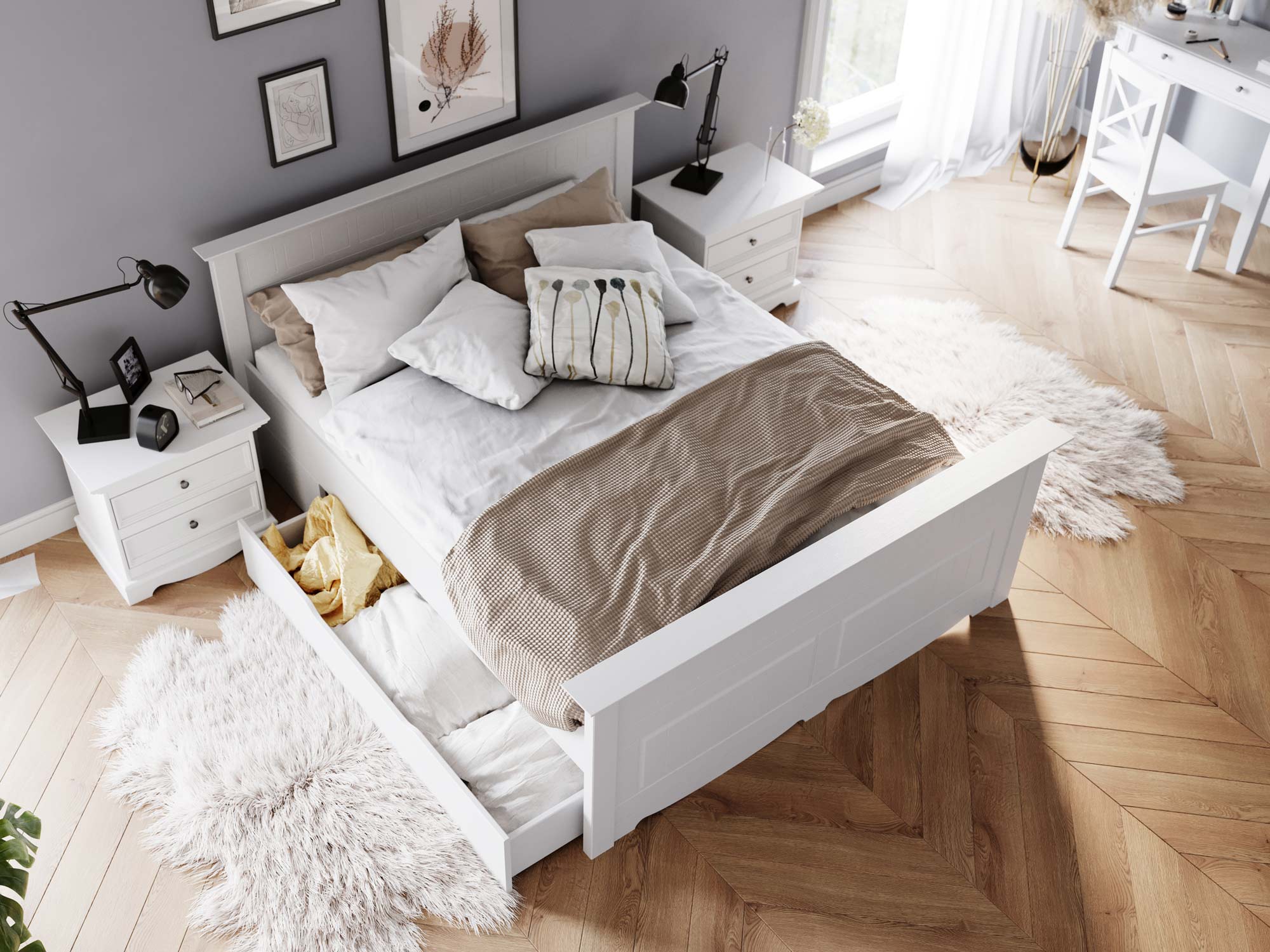Białe łóżko z pojemnikiem aranż INGRID