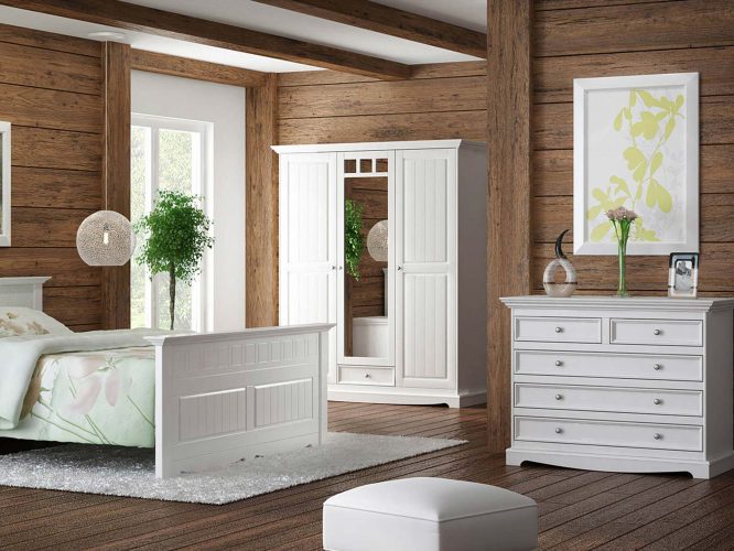 Białe drewniane łóżko dwuosobowe sypialnia aranż INGRID