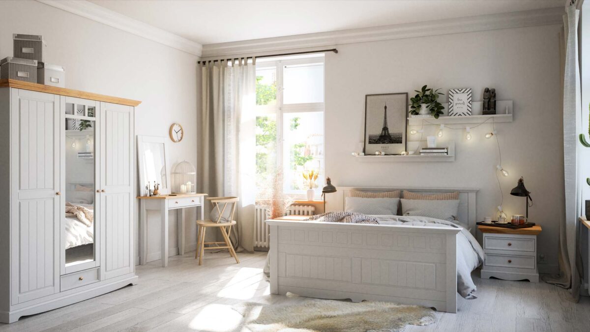 Biała drewniana sypialnia