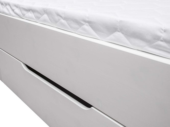 Białe łóżko z pojemnikiem pojemnik zbliżenie INGRID