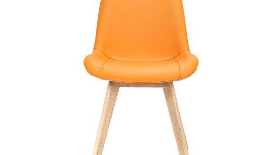 Miniaturka 1 - Krzesło kubełkowe z pomarańczowym siedziskiem i nogami z drewna