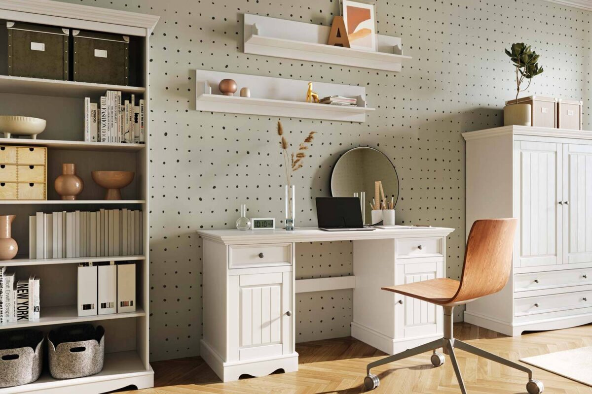 Białe meble do pokoju młodzieżowego z biurkiem i regałem Białe meble do pokoju młodzieżowego z biurkiem i regałem