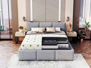 Miniaturka 3 - Stylowe łóżko kontynentalne z pojemnikiem i szarym obiciem w eleganckiej aranżacji