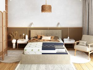 Miniaturka 4 - Nowoczesne łóżko tapicerowane z wysokim zagłówkiem w sypialni skandynawskiej