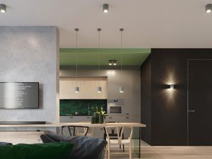 Miniaturka 5 - Designerska kuchnia z białymi lampami LED nad stołem i wyspą