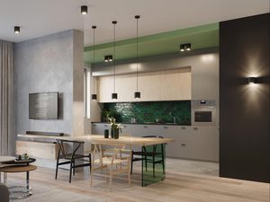 Miniaturka 10 - Kuchnia z wiszącymi lampami LED i zielonym sufitem, styl nowoczesny