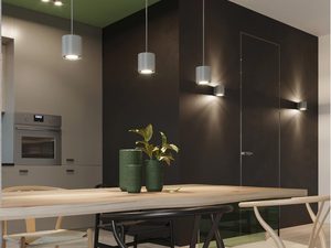 Miniaturka 17 - Designerska kuchnia z zielonym sufitem i białymi lampami LED