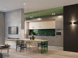 Miniaturka 21 - Kuchnia z lampami LED zawieszonymi nad stołem i zielonym sufitem