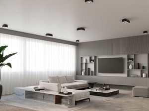 Miniaturka 6 - Nowoczesny salon z czarnymi plafonami i beżową sofą narożną