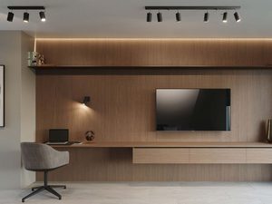 Miniaturka 11 - Salon z czarnymi reflektorami sufitowymi i drewnianą zabudową