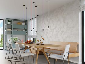 Miniaturka 3 - Jadalnia w stylu skandynawskim z minimalistycznymi żarówkami LED