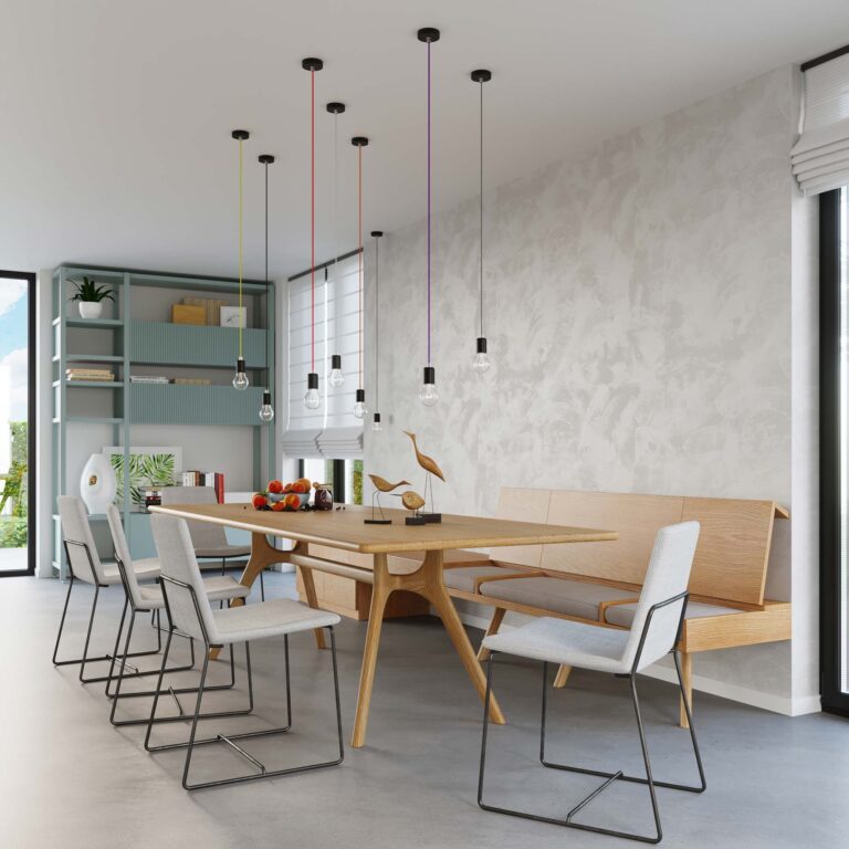 Jadalnia z minimalistycznymi żarówkami