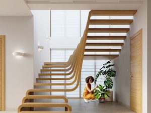 Miniaturka 4 - Nowoczesna klatka schodowa z drewnianymi schodami i kinkietami
