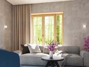 Miniaturka 4 - Salon z widokiem na ogród i białym kinkietem w stylu skandynawskim
