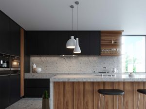 Miniaturka 4 - Aranżacja kuchni z drewnianymi frontami i betonowymi lampami