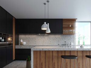 Miniaturka 5 - Betonowa lampa wisząca w kuchni z czarnymi szafkami – styl loftowy