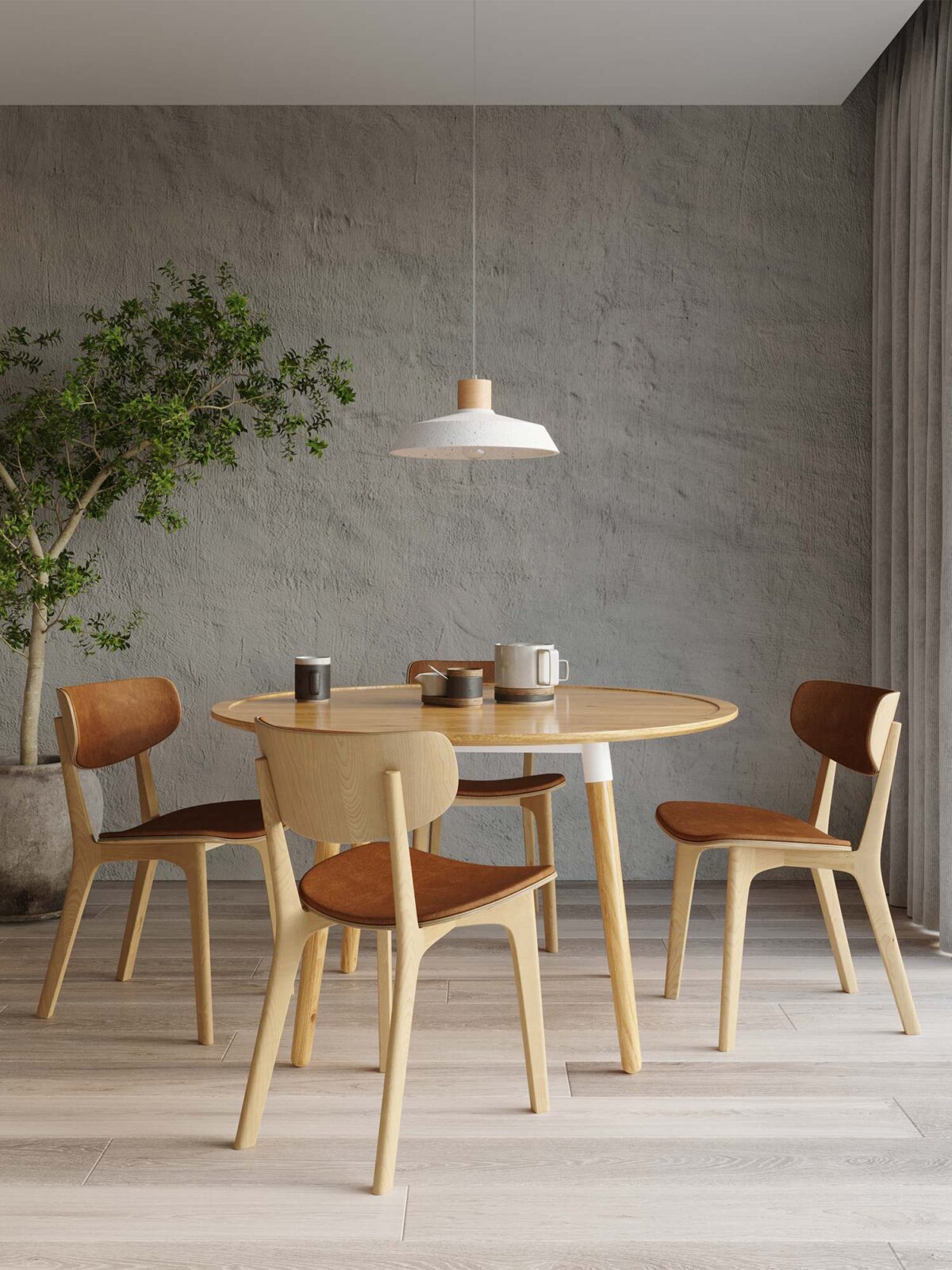 Jadalnia z drewnianym stołem i betonową lampą – styl skandynawski